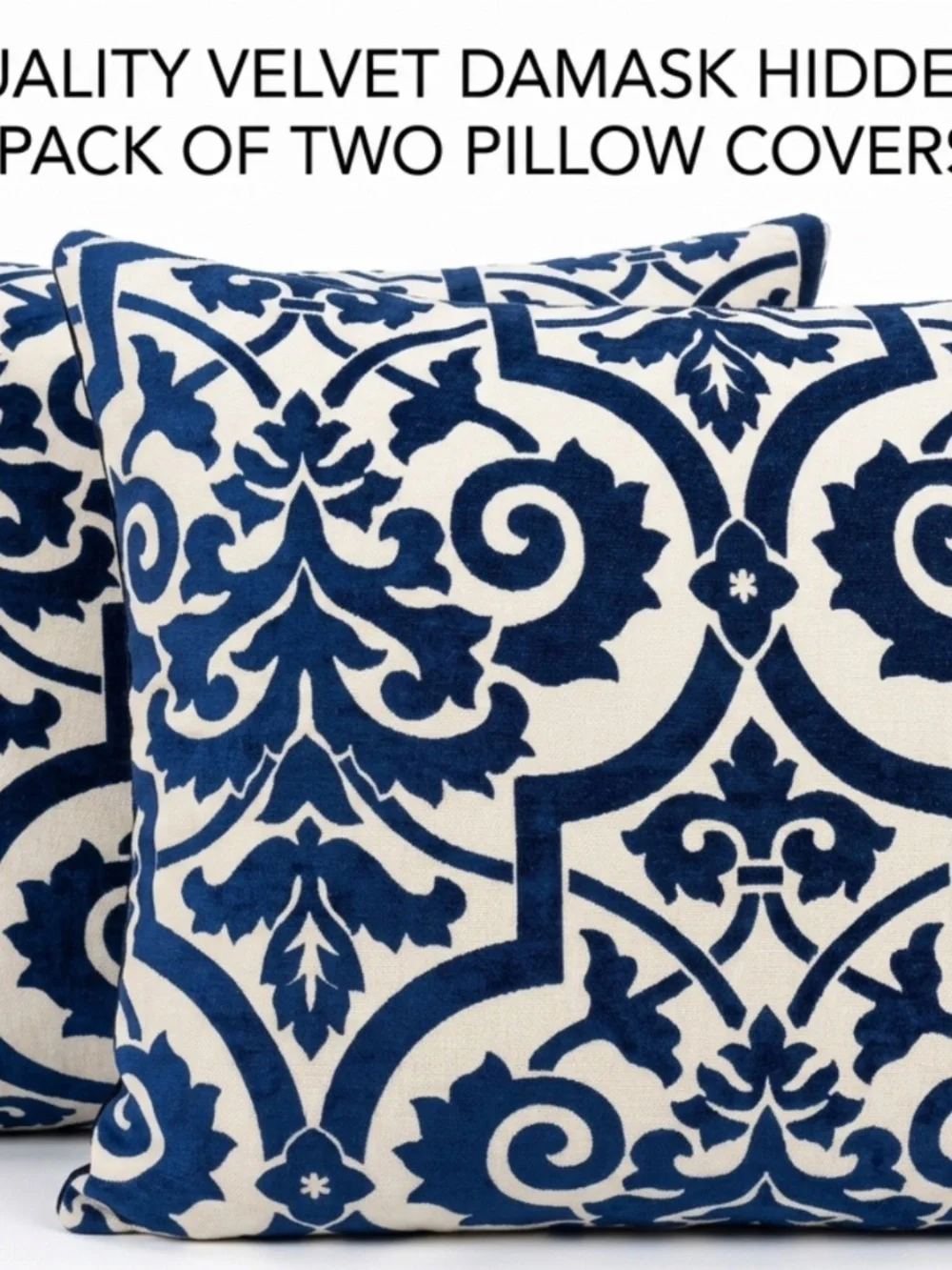 2pcBeige/ Navy Blue Damask velvet pillow covers 22 by 20 luxury decorative cases